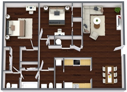 Floor plan for 2 beds, 1.5 baths, 964 sqft